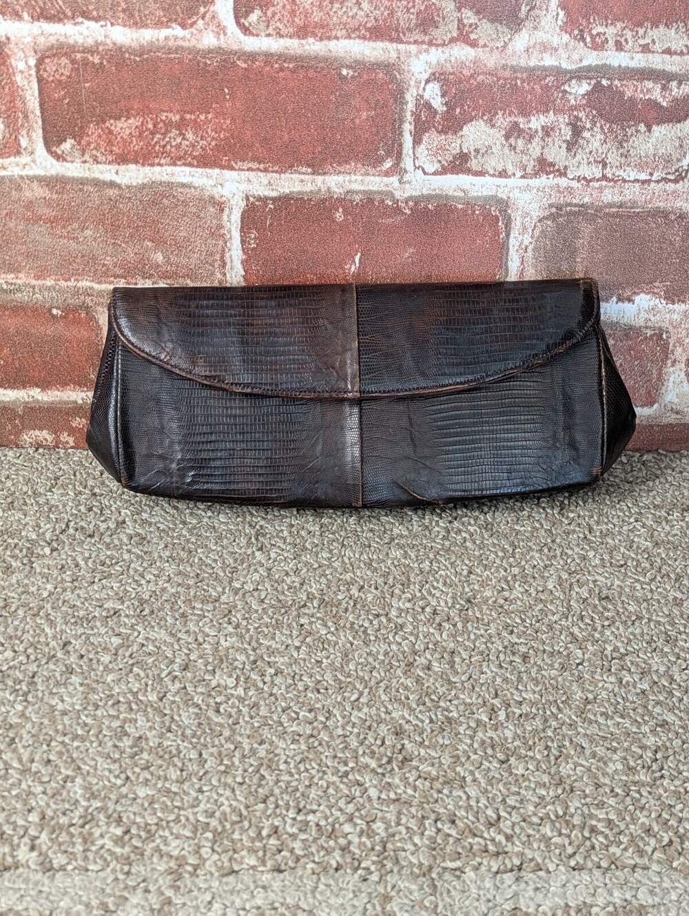 Bass Vintage Envelope Clutch Purse Dark Brown Leather Genuine Lizard Skin